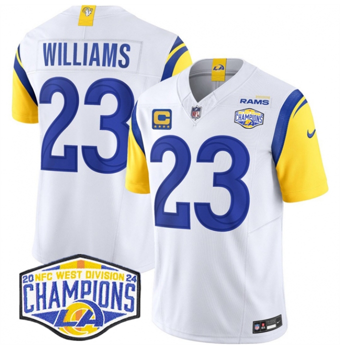 Men's Los Angeles Rams #23 Kyren Williams White 2024 NFC West Champions With 4-Star C F.U.S.E. Vapor Untouchable Stitched Football Jersey