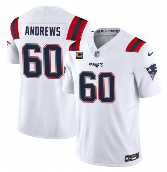 Men's New England Patriots #60 David Andrews White 2023 F.U.S.E. With 4-Star C Vapor Limited Stitched Football Jersey