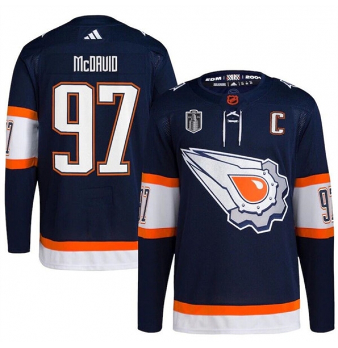 Men's Edmonton Oilers #97 Connor McDavid Navy 2024 Stanley Cup Final Reverse Retro Stitched Jersey