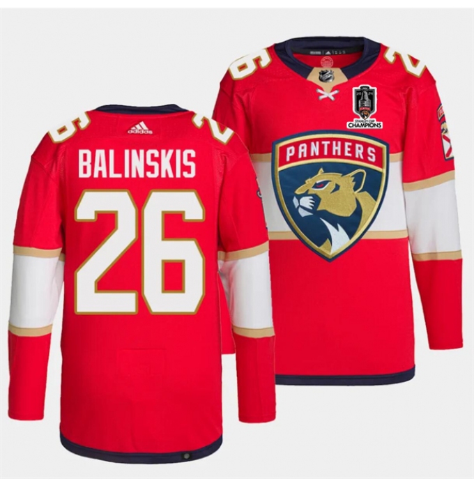 Men's Florida Panthers #26 Uvis Balinskis Red Home 2024 Stanley Cup Champions Stitched Jersey