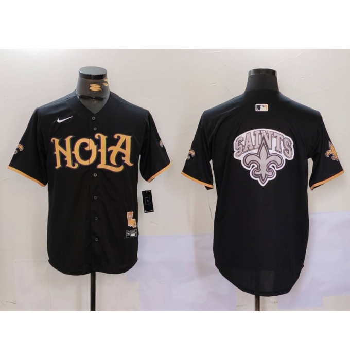 Men's New Orleans Saints Team Big Logo Black Cool Base Stitched Baseball Jersey