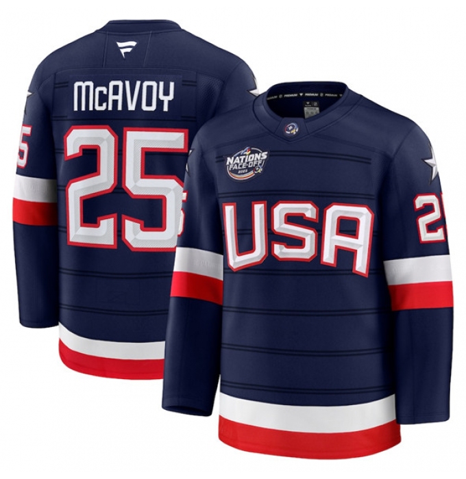 Men's USA #25 Charlie McAvoy Navy 2025 4 Nations Face-Off Stitched Jersey