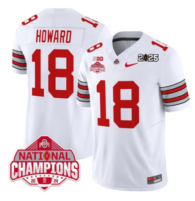 Men's Ohio State Buckeyes #18 Will Howard White 2025 CFP Final With National Champions F.U.S.E. Vapor Limited Stitched Football Jersey