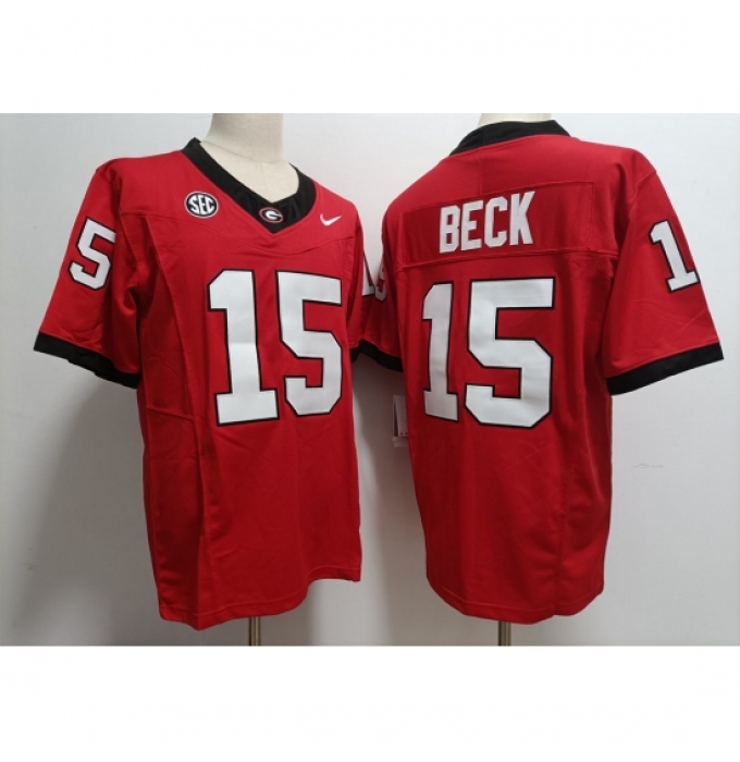 Men's Georgia Bulldogs #15 Carson Beck Red 2023 F U S E College Football Jerseys