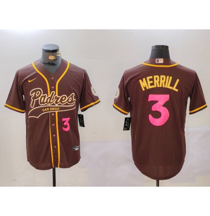 Men's San Diego Padres #3 Jackson Merrill Brown Cool Base Stitched Baseball Jersey