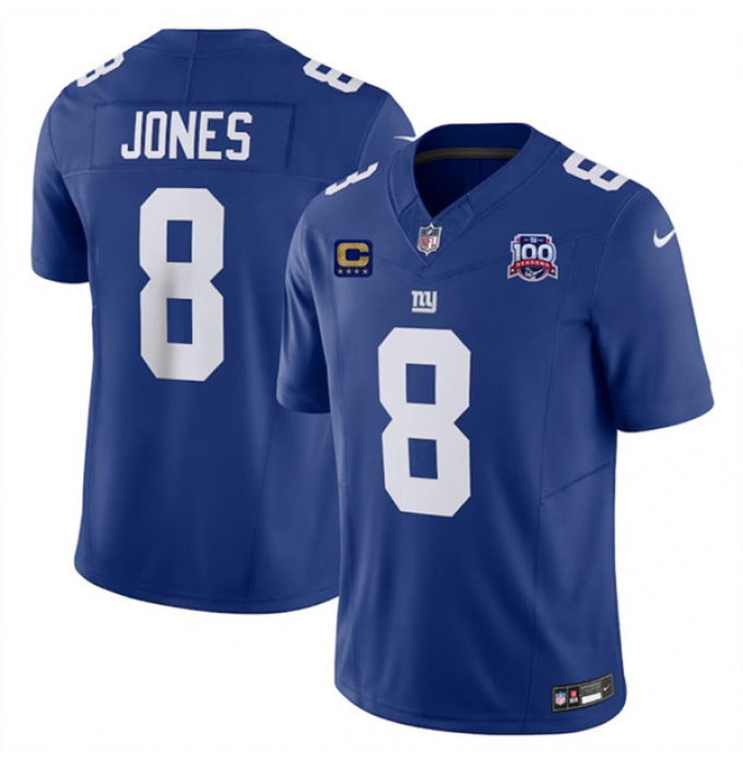 Men's New York Giants #8 Daniel Jones Blue 2024 F.U.S.E. With 4-Star C And 100TH Season Vapor Untouchable Limited Stitched Jersey