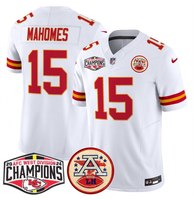 Men's Kansas City Chiefs #15 Patrick Mahomes White F.U.S.E. 2024 AFC West Division Champions Vapor Limited Stitched Football Jersey