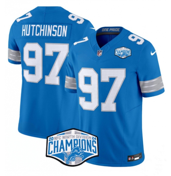 Men's Detroit Lions #97 Aidan Hutchinson Blue 2024 NFC North Champions F.U.S.E. Vapor Limited Stitched Jersey