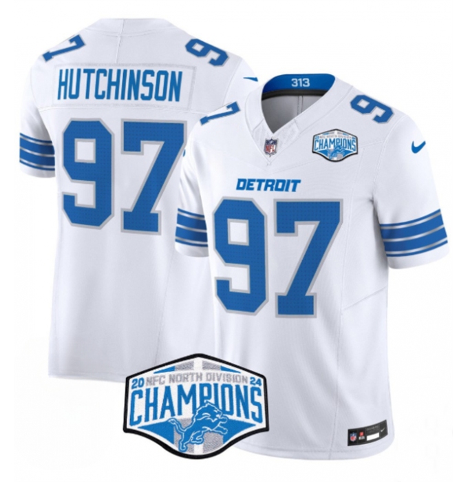 Men's Detroit Lions #97 Aidan Hutchinson White 2024 NFC North Champions F.U.S.E. Vapor Limited Stitched Jersey