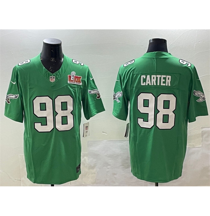 Men's Philadelphia Eagles #98 Jalen Carter Green 2025 Super Bowl LIX F.U.S.E. Throwback Vapor Untouchable Limited Stitched Football Jersey