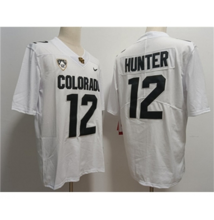 Men's Colorado Buffaloes #12 Travis Hunter White With PAC-12 Patch Stitched Football Jersey