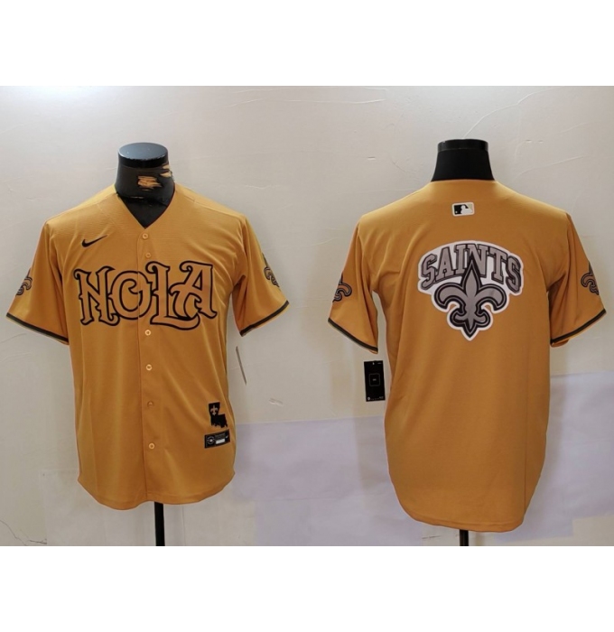 Men's New Orleans Saints Team Big Logo Gold Cool Base Stitched Baseball Jersey