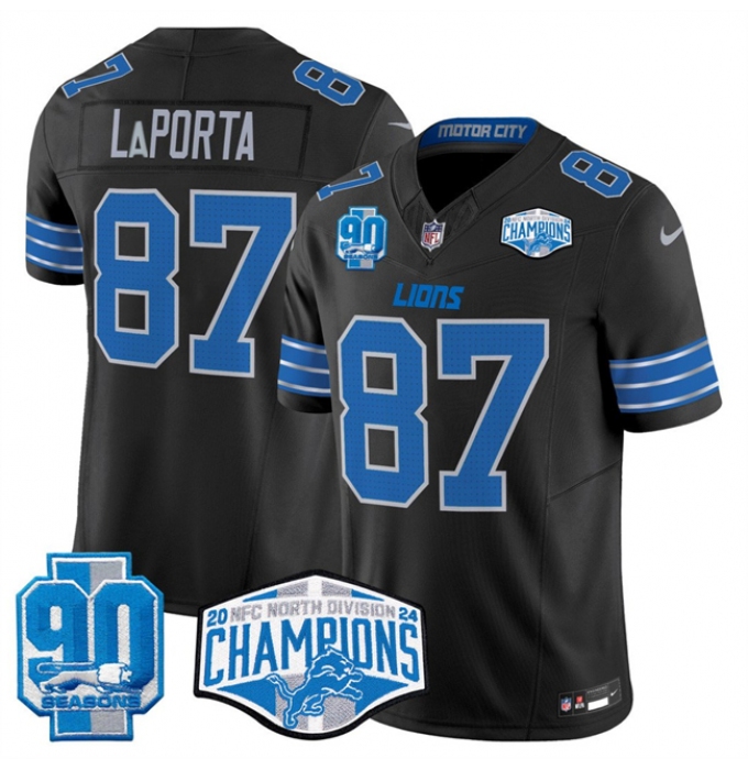 Men's Detroit Lions #87 Sam LaPorta Black 2024 NFC North Champions 90th Anniversary F.U.S.E. Vapor Limited Stitched Jersey