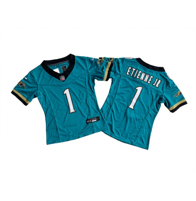 Women's Jacksonville Jaguars #1 Travis Etienne JR Teal 2024 F.U.S.E. Prowler Throwback Vapor Limited Football Stitched Jersey(Run Small)