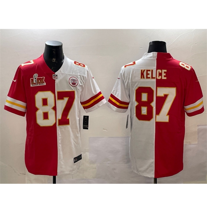 Men's Kansas City Chiefs #87 Travis Kelce Red & White Split 2025 Super Bowl LIX Vapor Limited Stitched Football Jersey